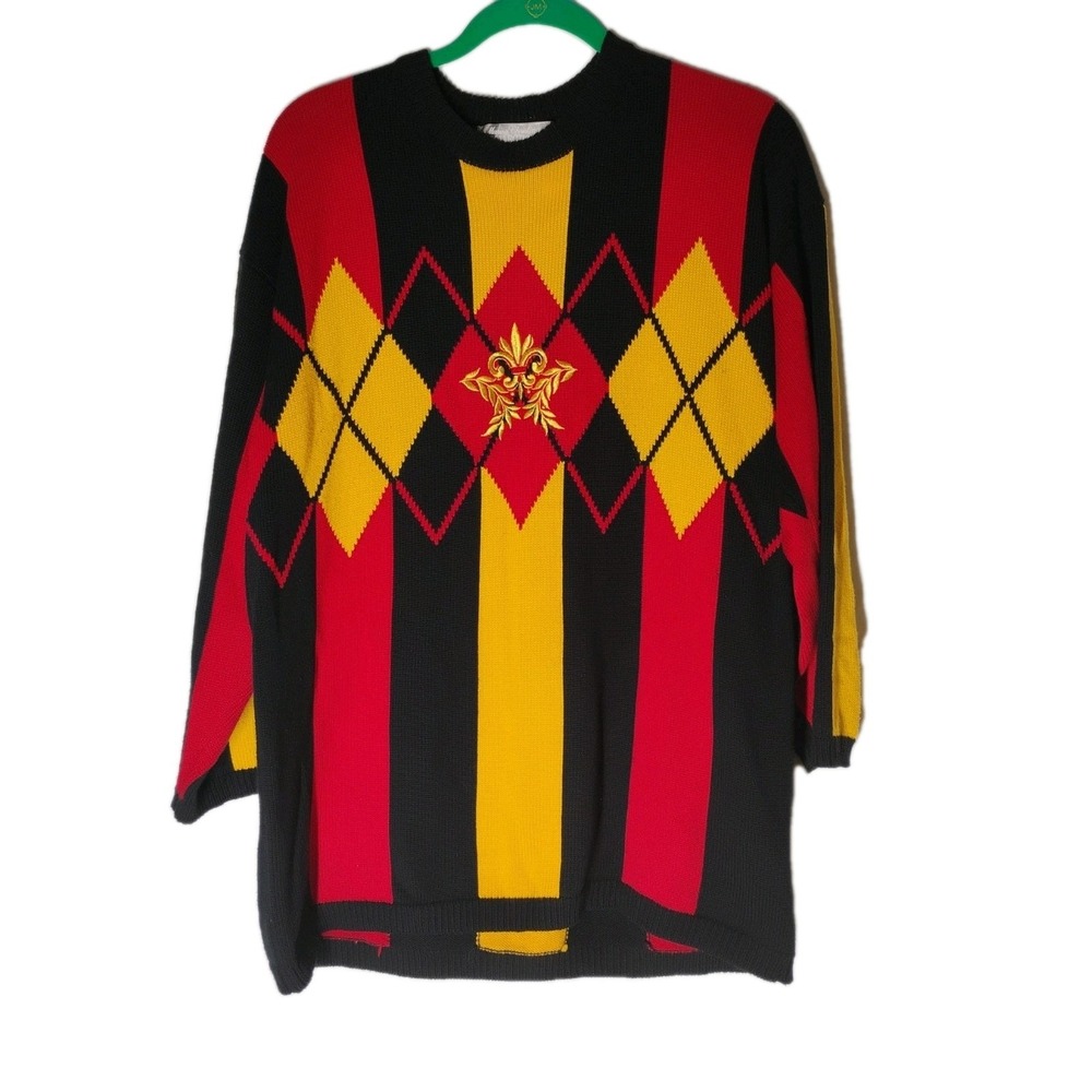 Vintage Marisa Christina Womens LARGE Color Block Fluer De‎ Lis 90s Sweater